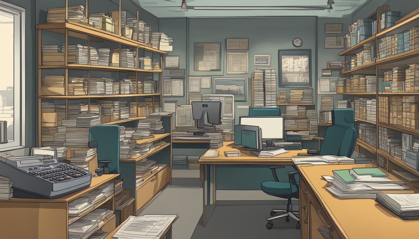 A bustling office, with vintage calculators and ledger books lining the shelves. A timeline on the wall tracks the history of accountancy