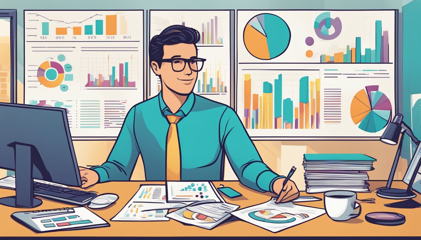 A business owner confidently manages finances, surrounded by charts and graphs, while mentors and advisors offer guidance