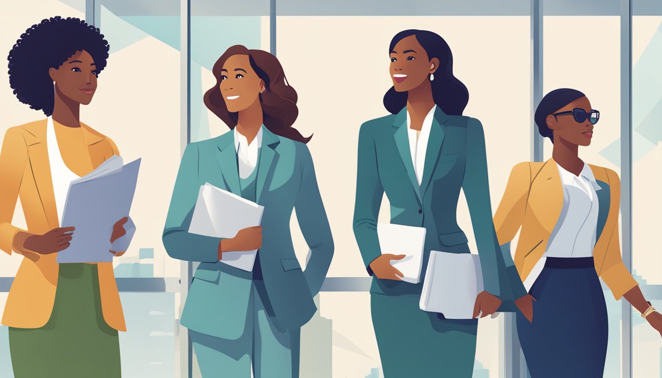 A diverse group of confident women in professional attire, standing together and breaking through a glass ceiling, with the words "Empowering Women in Accountancy" in bold letters above them