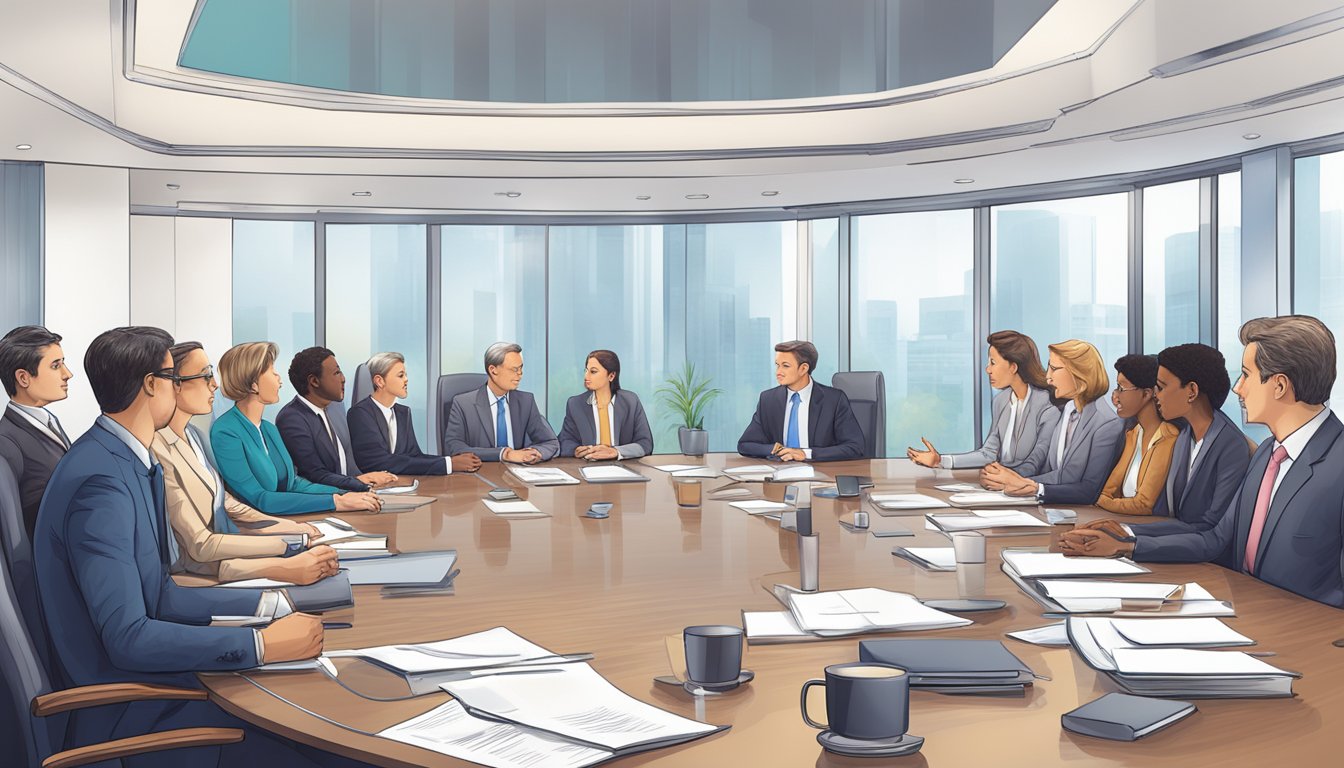 A boardroom meeting with diverse professionals discussing best practices in accountancy and corporate governance
