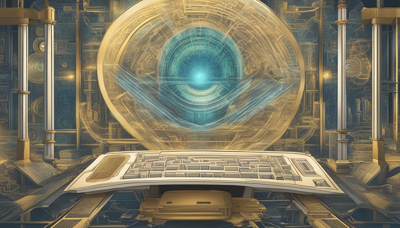 The scene depicts an ancient scroll morphing into a futuristic computer screen, symbolizing the dynamic evolution of auditing standards from traditional practices to AI technology