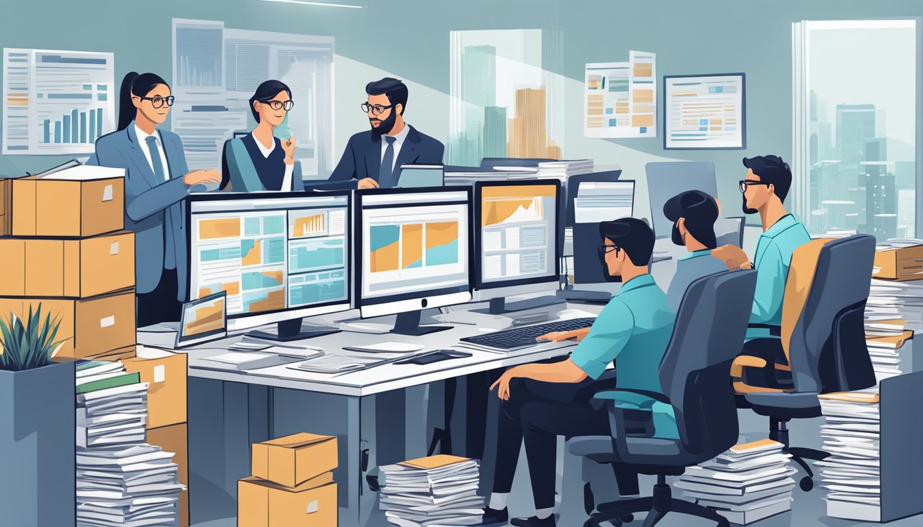 A group of accountants diligently work together, surrounded by stacks of financial documents and computer screens, ensuring the preservation of their clients' financial legacies