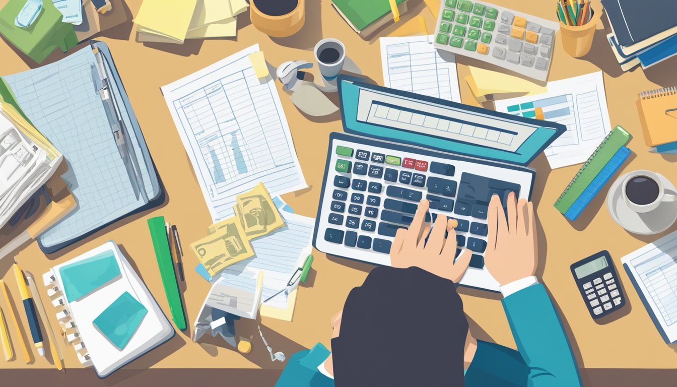 A person sitting at a desk, surrounded by bills, a calculator, and a notebook. They are writing down a monthly budget plan with determination