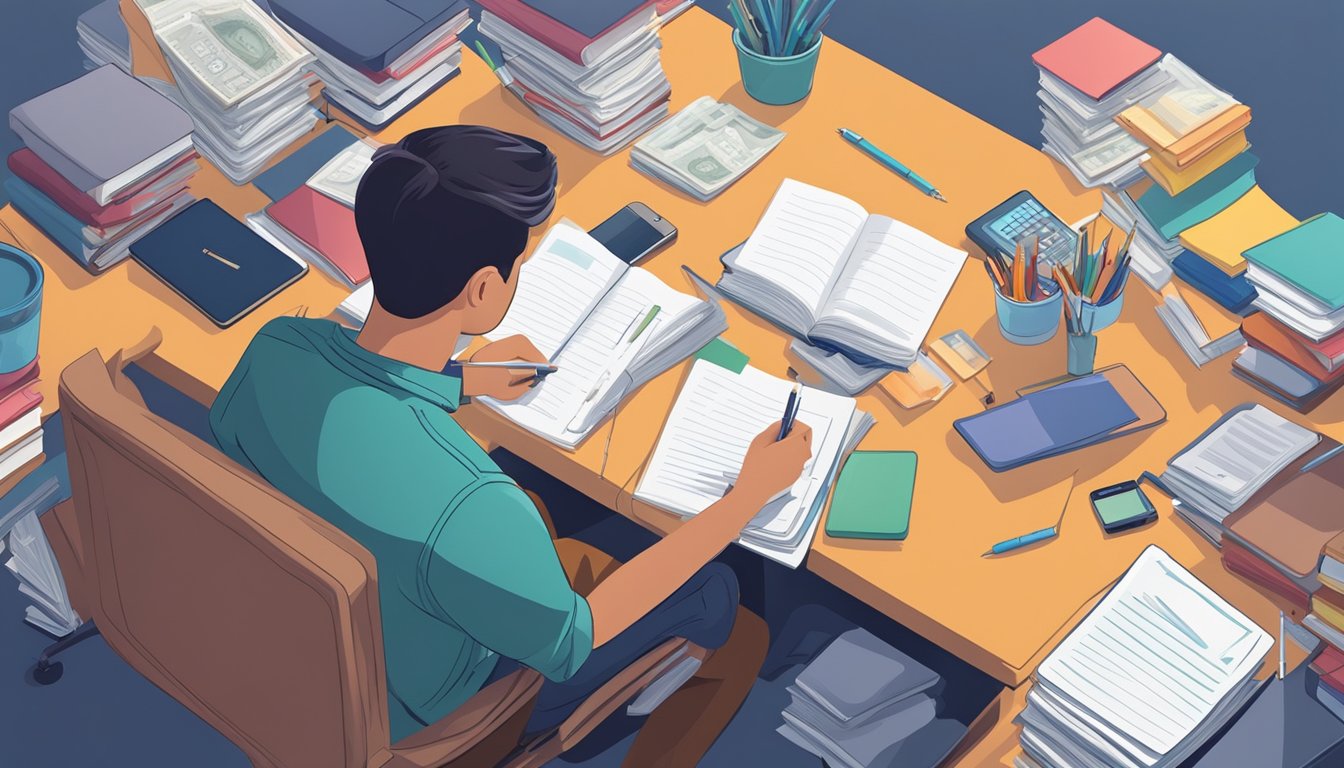 A young person sits at a desk surrounded by books and financial documents, taking notes and organizing their budget