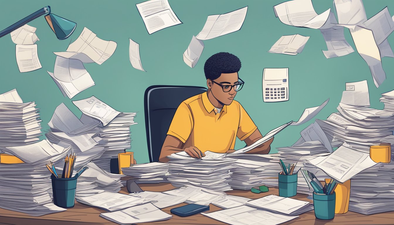 A person sits at a desk surrounded by receipts and bills. They diligently track expenses in a notebook, uncovering hidden savings