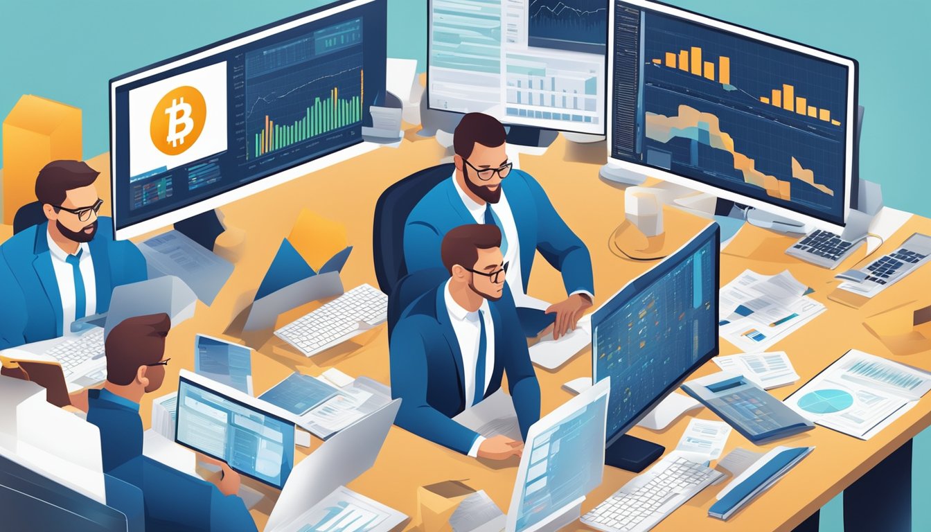 A group of accountants discussing cryptocurrency taxation, surrounded by piles of financial documents and computer screens displaying complex data