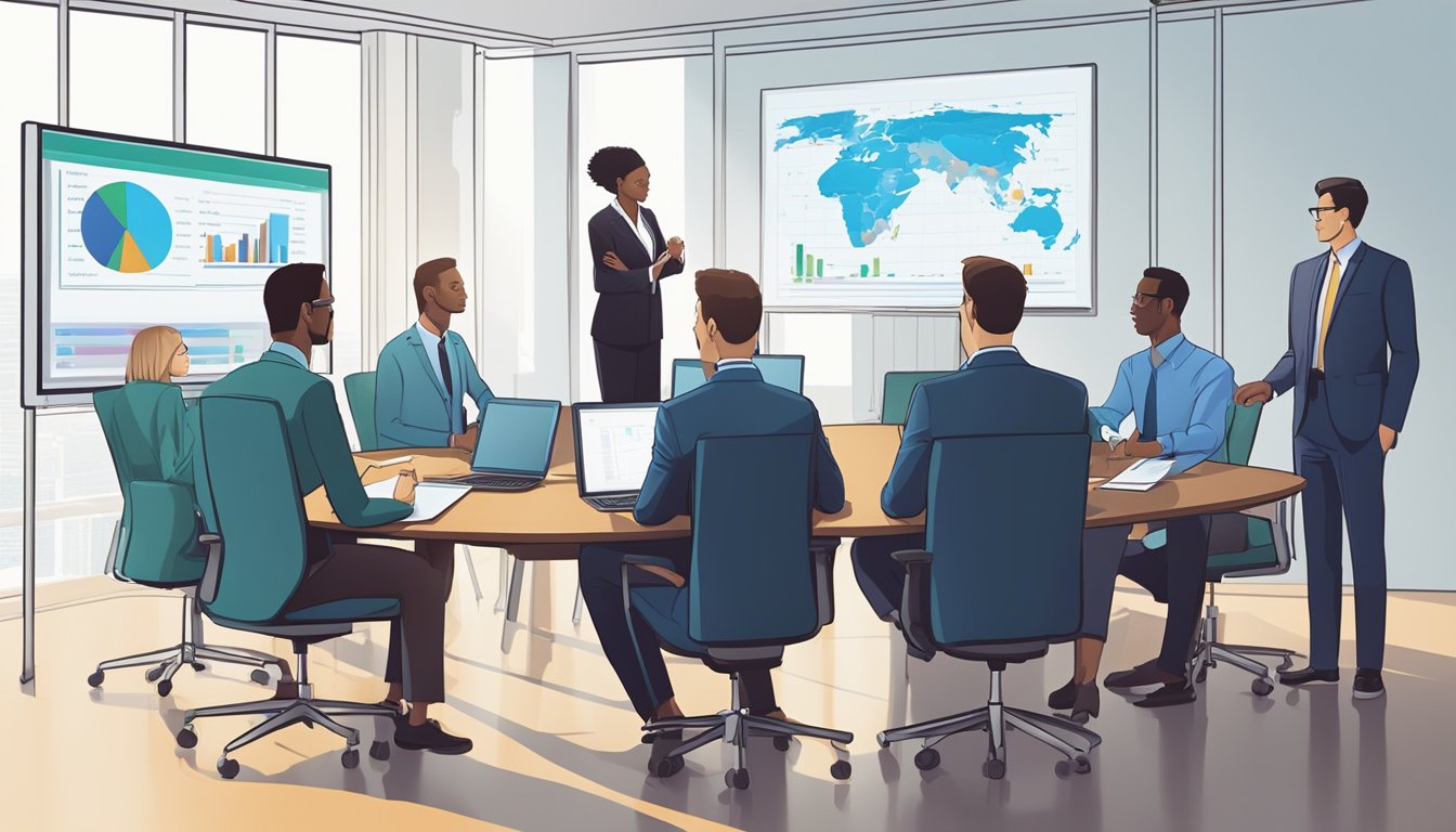 A group of business professionals gather around a large conference table, discussing financial impact assessment. Charts and graphs are projected onto a screen, as the group evaluates various business decisions