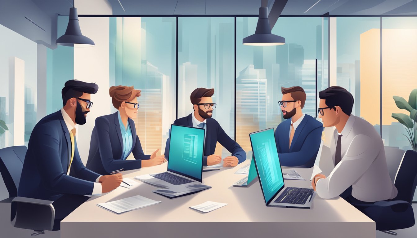 A group of accountants collaborate in a modern office, analyzing financial data and discussing strategies for resilience and recovery