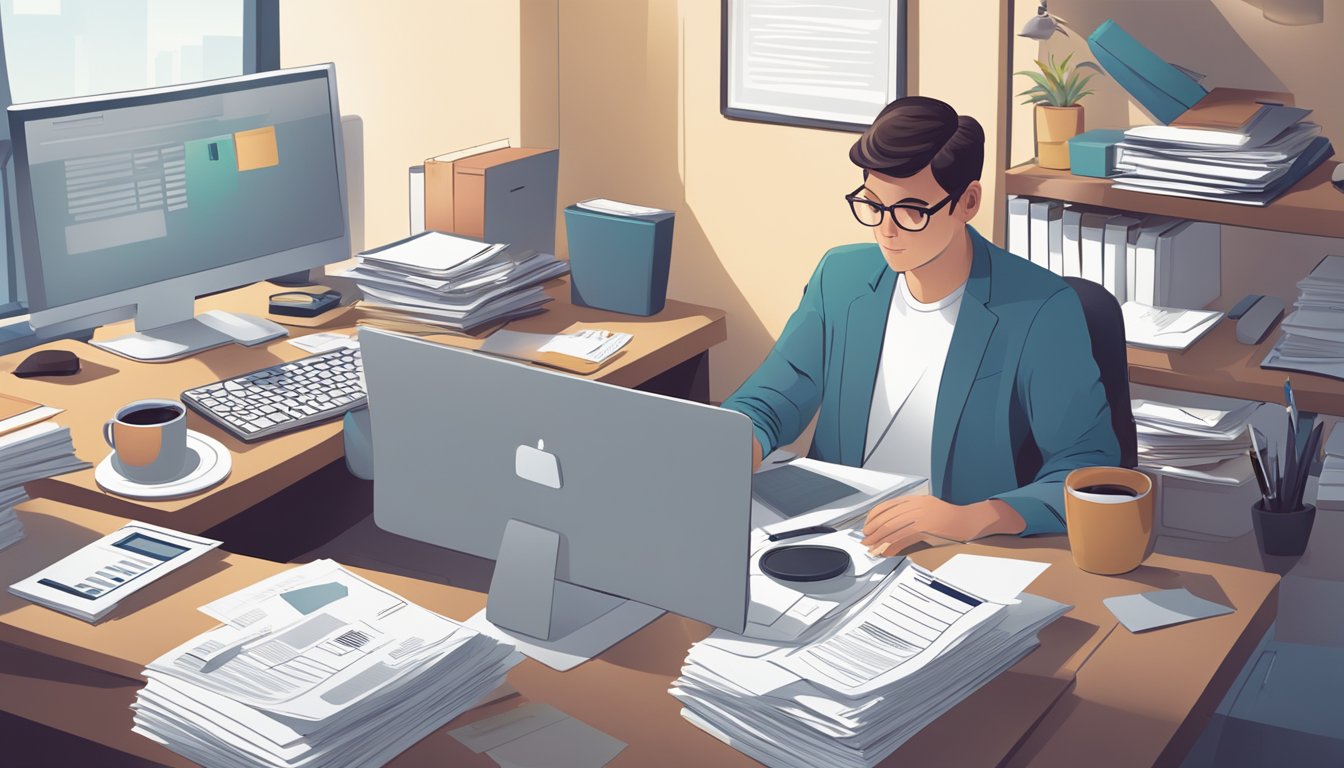 A person sits at a tidy desk surrounded by tax forms and a computer. They are focused and calm, with a cup of coffee nearby