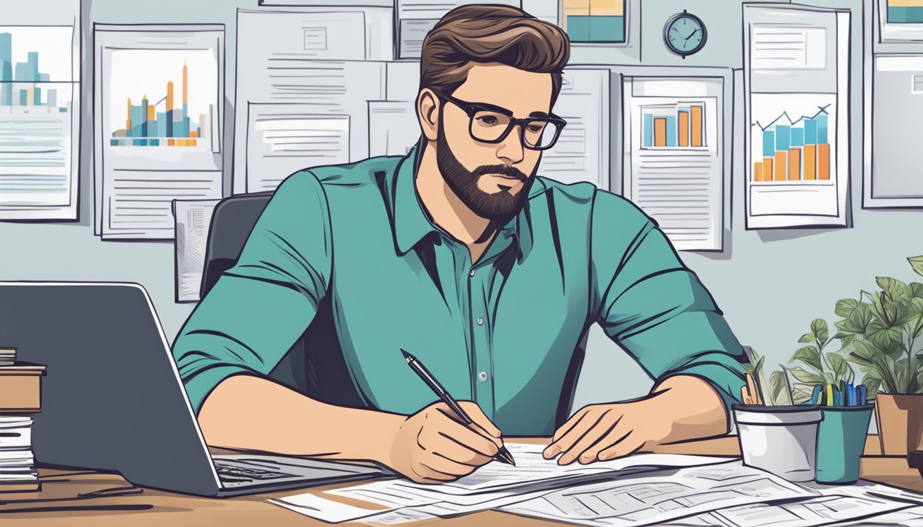 A business owner sits at a desk, surrounded by financial documents. They are focused and determined, with a pen in hand, ready to develop an effective financial strategy