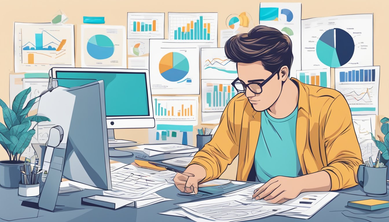 A person sitting at a desk surrounded by financial charts and graphs, carefully evaluating their investment portfolio