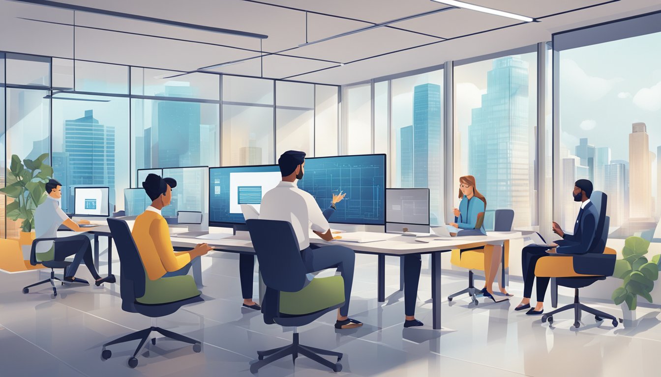 A group of professionals discussing technology and data in a modern office setting