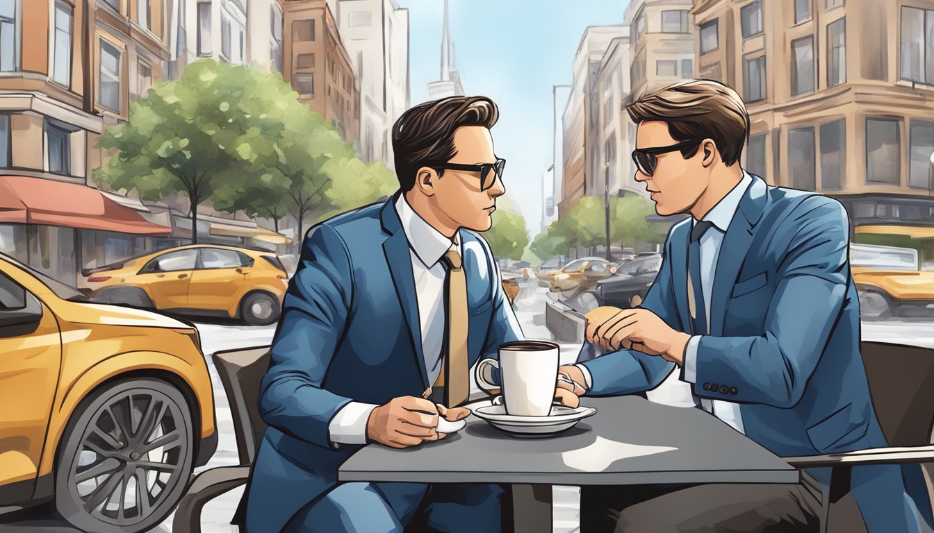 A professional accountant and a real estate agent discussing market trends over coffee in a bustling city intersection