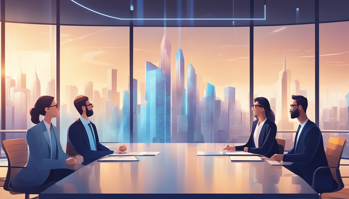 A group of tax experts discussing future tax trends in a modern conference room with futuristic cityscape in the background