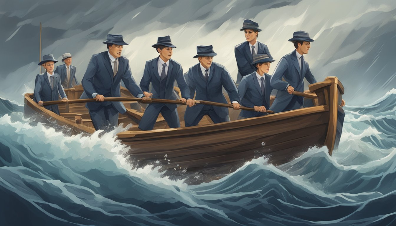 A group of accountants working together in a stormy sea, using teamwork and innovation to navigate through rough waters, symbolizing the resilience of the profession in times of economic downturns