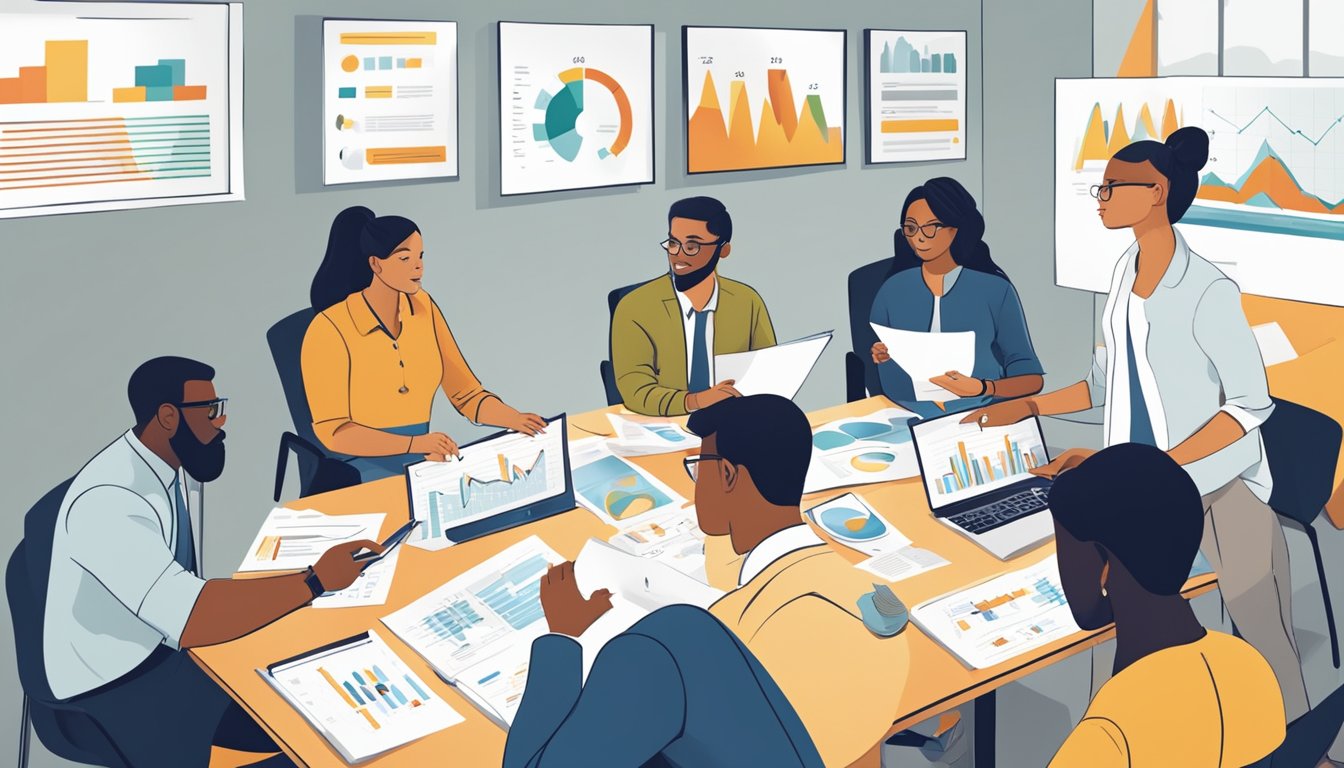 A group of diverse professionals gather around a table, discussing sustainability accounting. Charts and graphs adorn the walls, showcasing the impact of their work