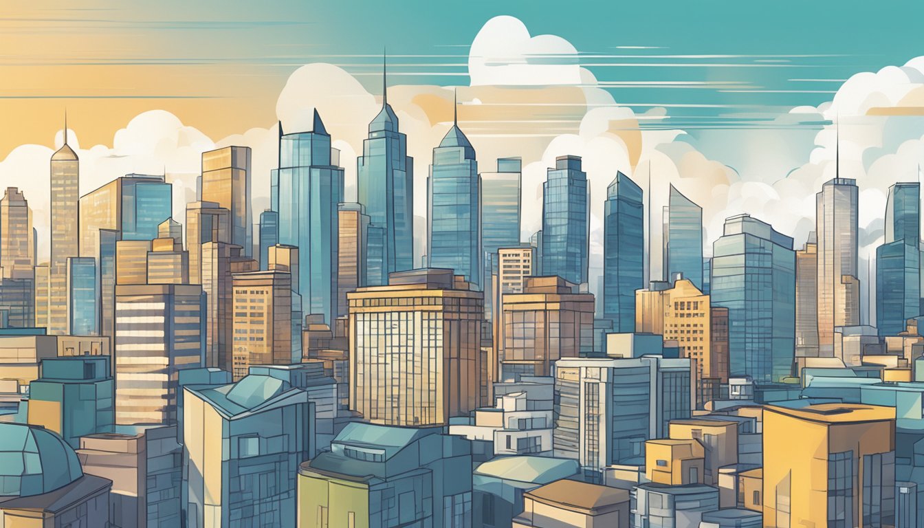 A bustling city skyline with insurance buildings at the forefront, symbolizing economic stability and growth