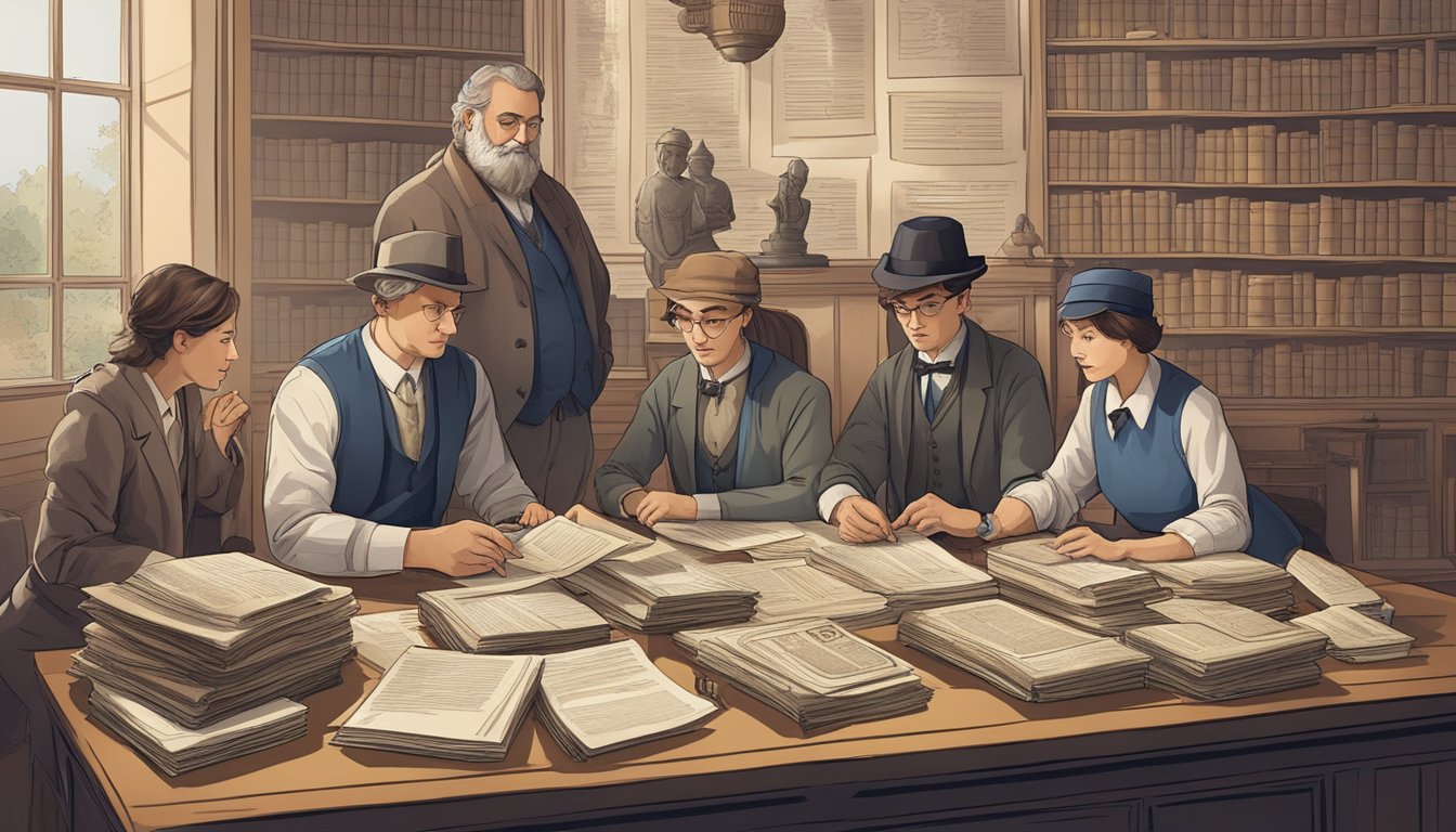 A group of people studying old tax documents, surrounded by historical artifacts and books, with a timeline of tax laws displayed on the wall