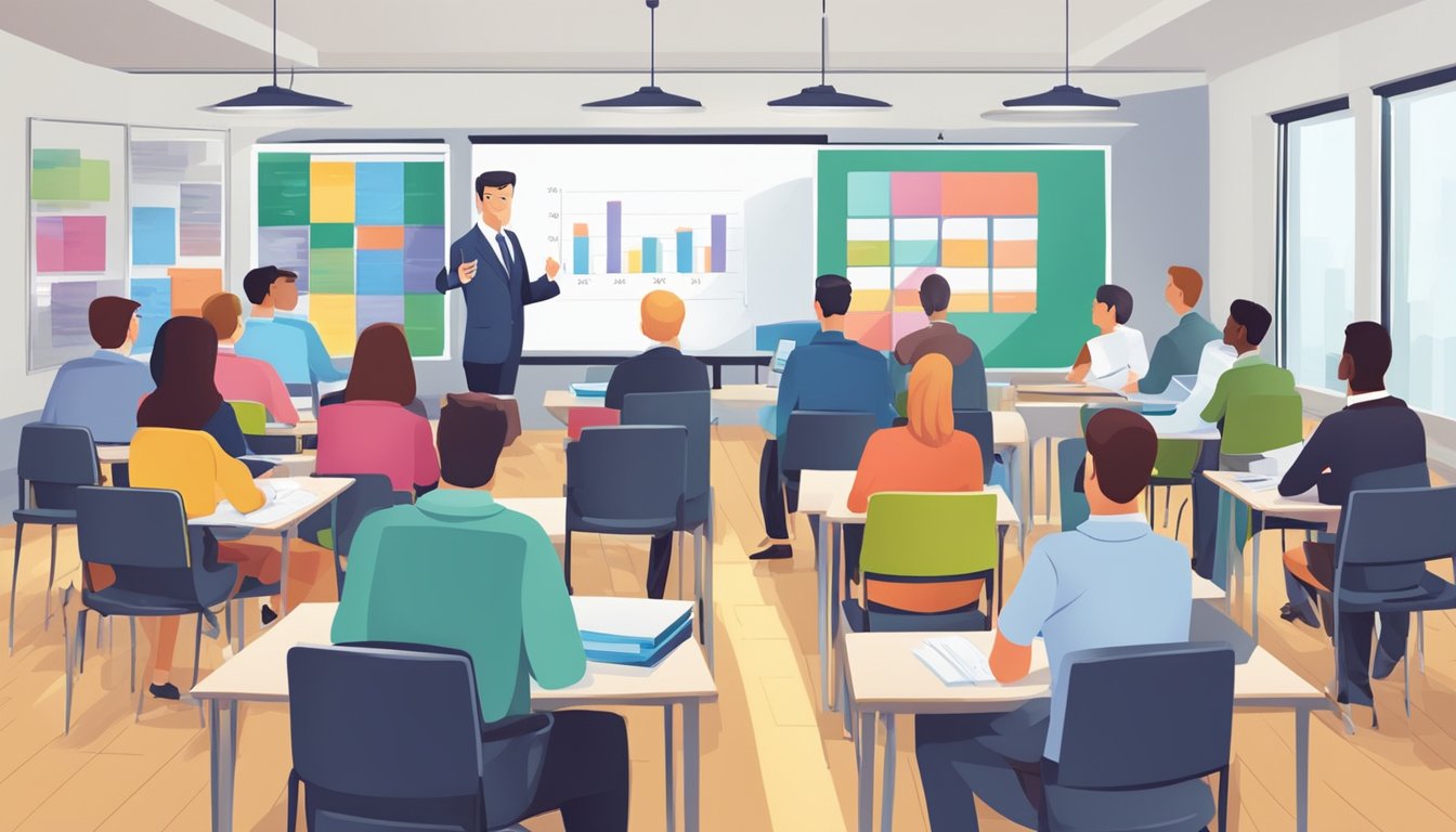 A group of accountants in a classroom setting, discussing financial management strategies for the education sector