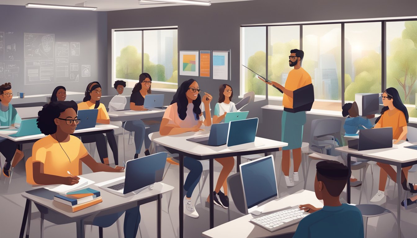 A diverse group of students engage in interactive learning activities with cutting-edge technology in a modern, open-concept classroom