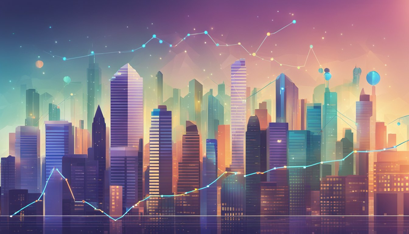 A bustling city skyline with a graph overlay, depicting the impact of quantitative easing on the economy and financial markets