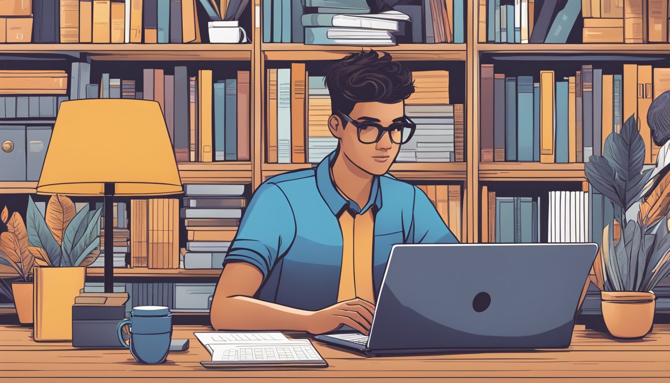 A young person sitting at a desk, surrounded by books and a laptop, eagerly absorbing information on investing