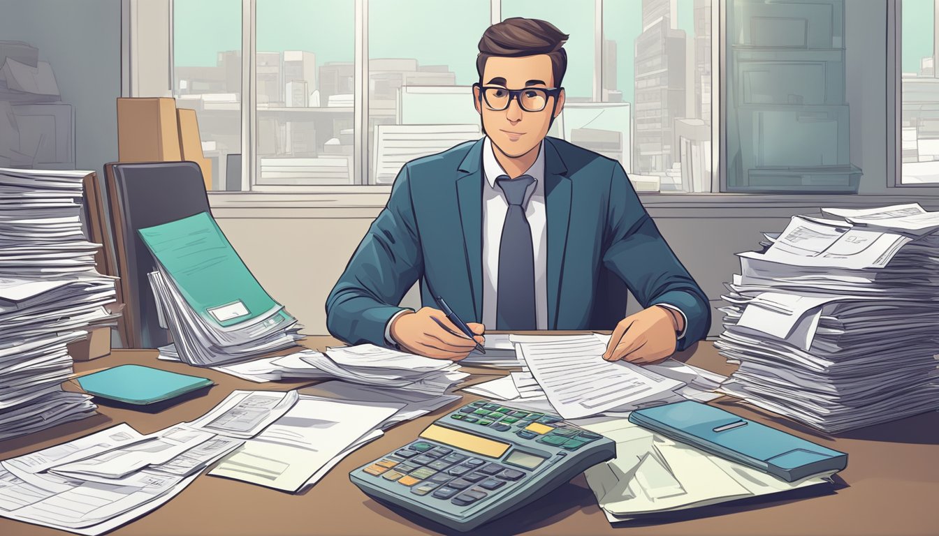 A person sits at a desk, surrounded by bills and financial documents. An accountant stands beside them, offering guidance and support