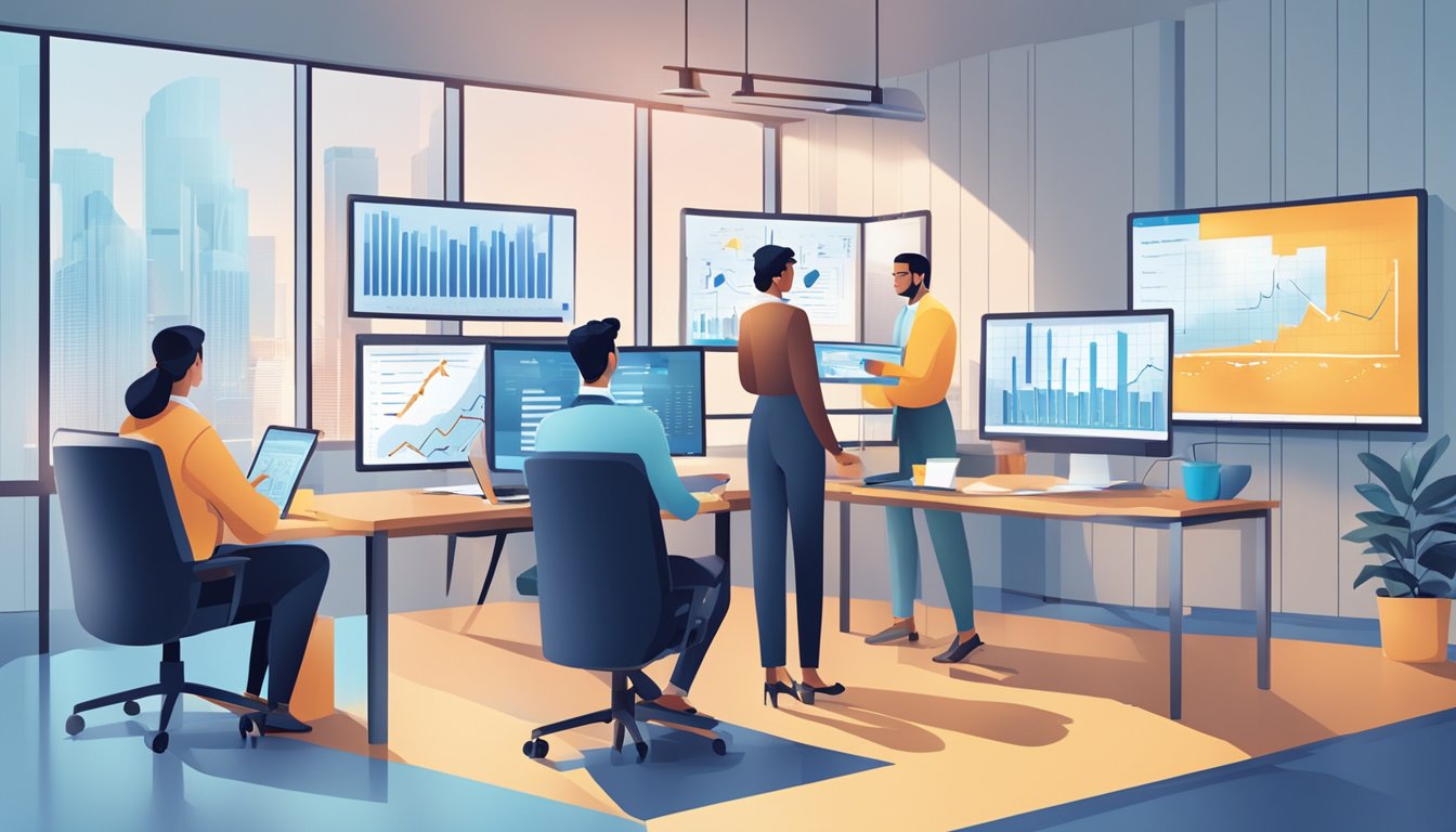 A group of professionals analyzing financial data, charts, and graphs in a modern office setting
