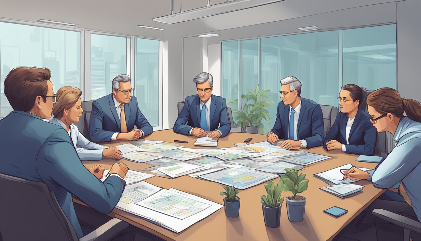 A group of business professionals huddled around a conference table, discussing financial models and strategic planning
