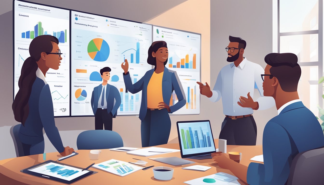 A group of diverse professionals gather around a large financial dashboard, pointing and discussing various metrics and charts