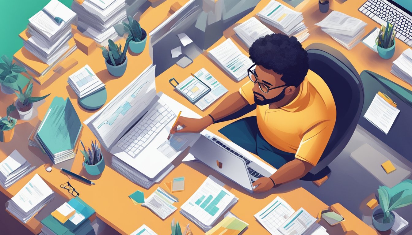 A freelancer sits at a desk surrounded by financial planning books and spreadsheets, a determined expression on their face as they work towards unlocking financial freedom