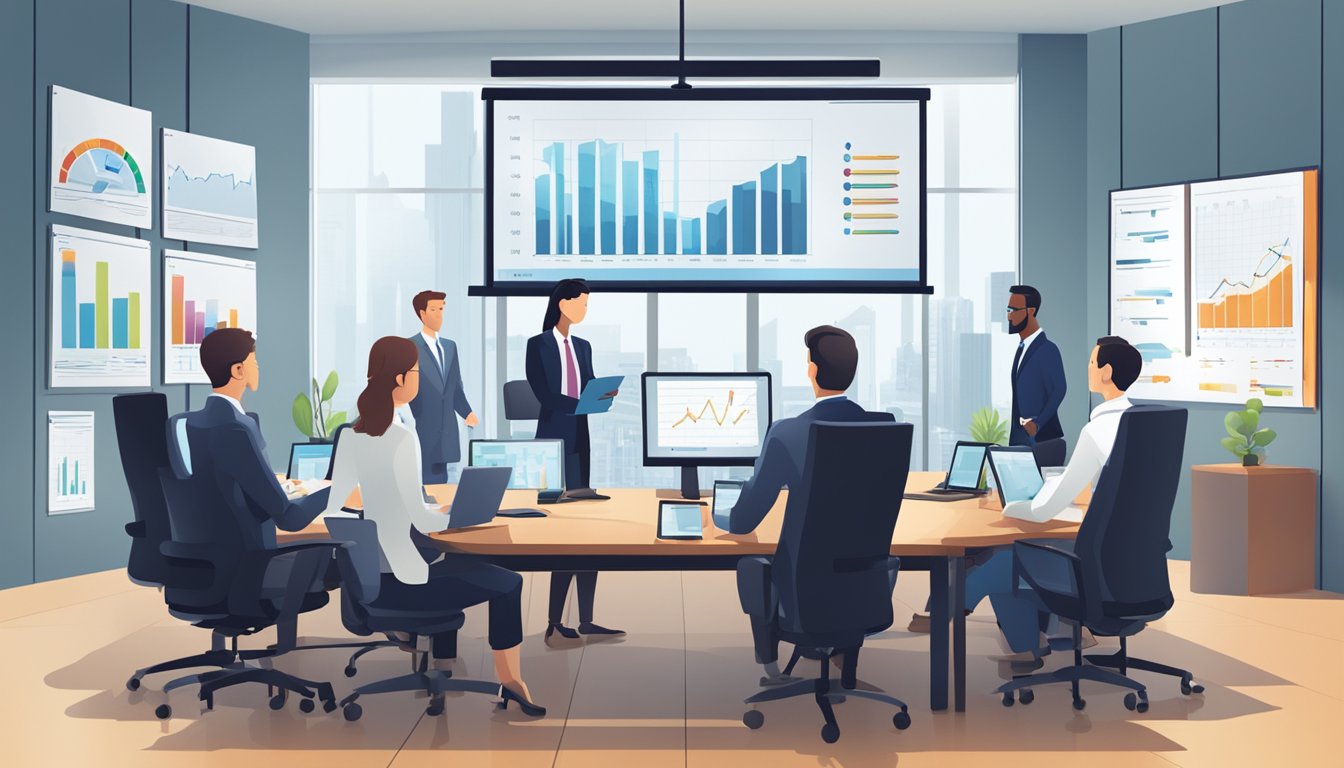 A group of business professionals analyzing financial reports in a boardroom, with charts and graphs displayed on a large screen