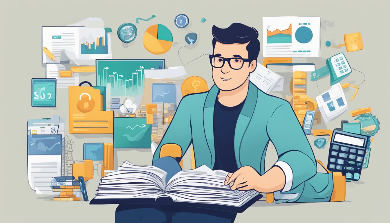 A person surrounded by various financial products, such as stocks, bonds, and mutual funds, with a guidebook titled "Unlocking Financial Success" in hand