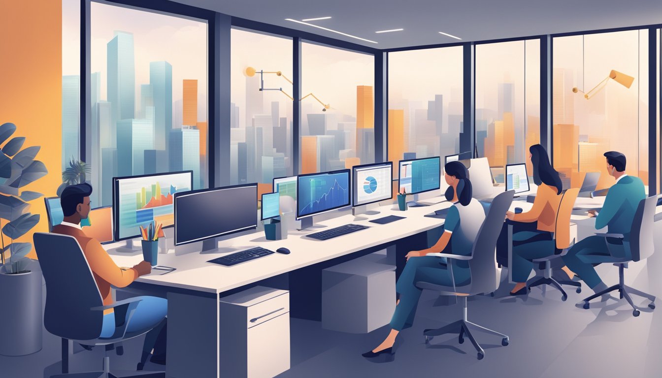 A team of professionals analyzing financial data, charts, and graphs in a modern office setting