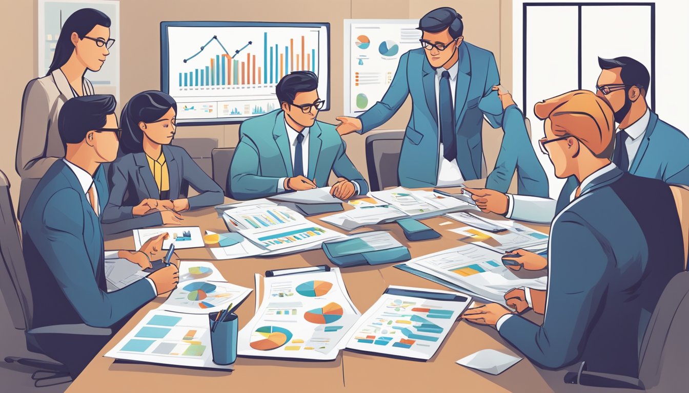 A group of business professionals gather around a table, analyzing data and discussing pricing strategies. Charts and graphs are spread out in front of them as they strategize to unlock profits through price experiments
