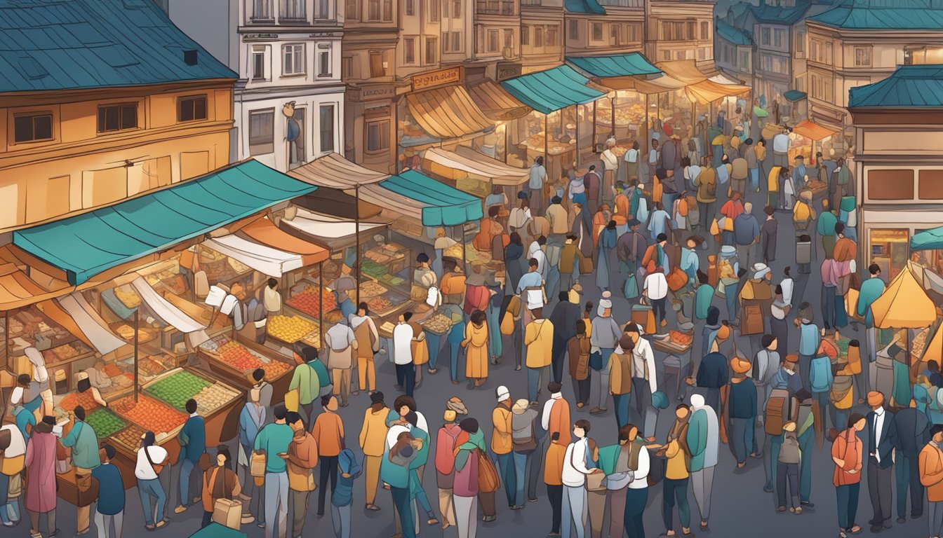 A bustling marketplace with customers comparing prices at different stalls, while vendors try to attract attention with competitive offers