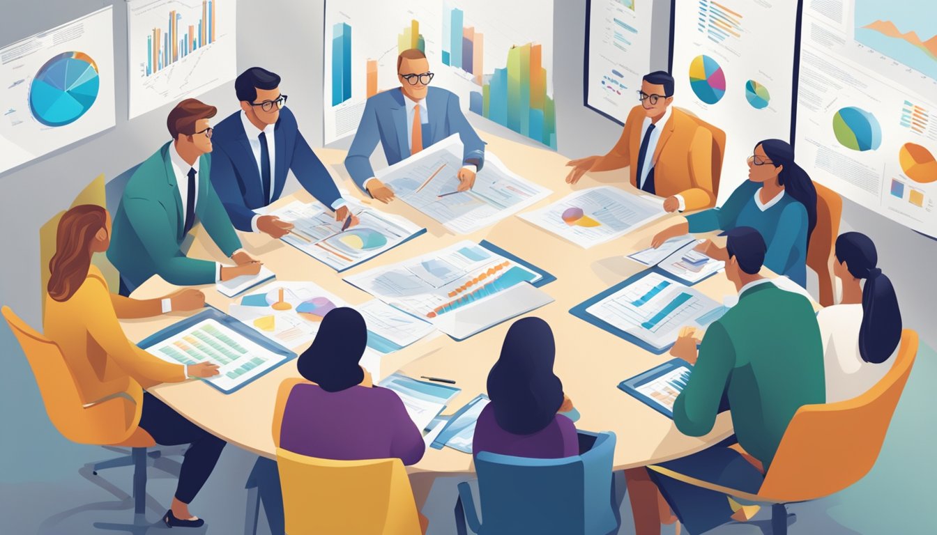 A group of people gathered around a large table covered in charts and graphs, discussing the intricacies of the bond market