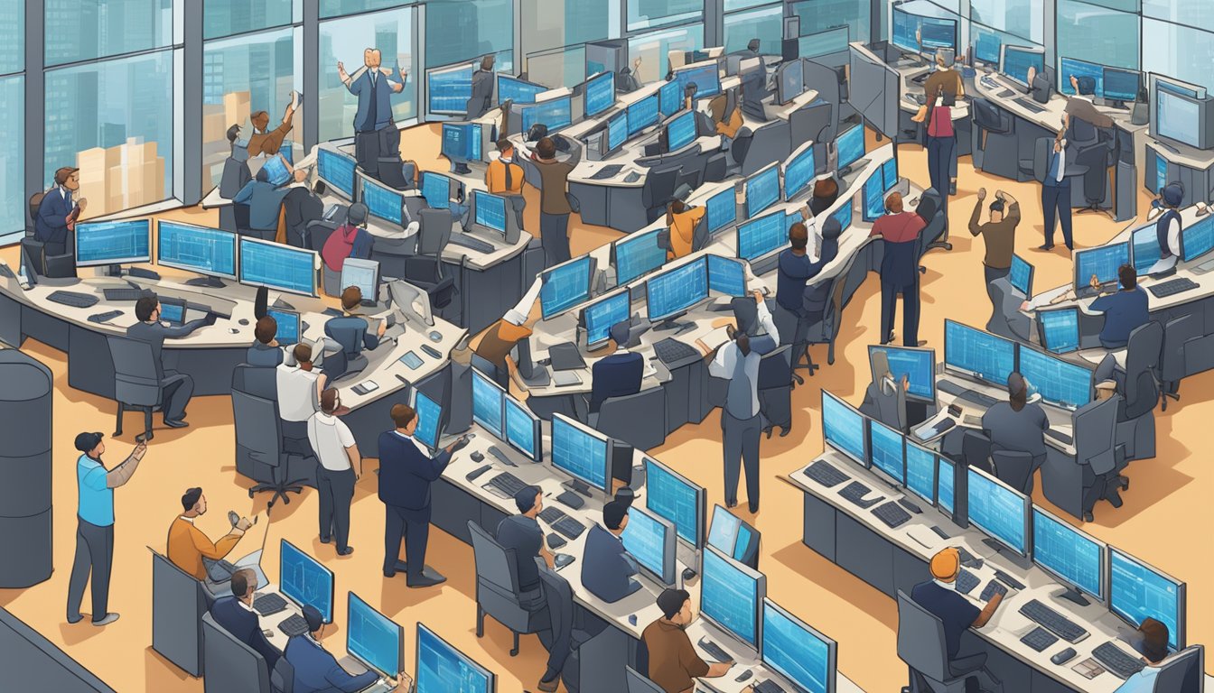 A bustling trading floor with traders gesturing and shouting, surrounded by screens displaying stock prices and charts