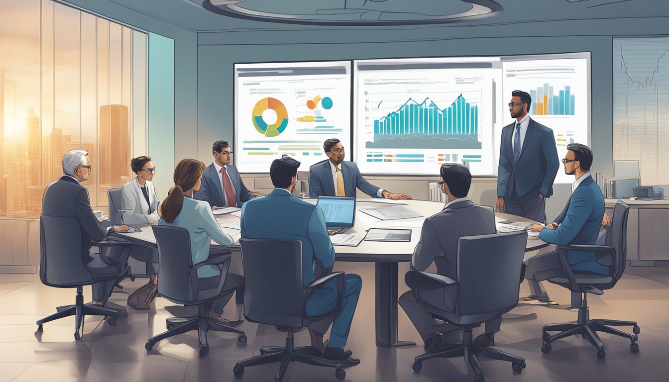 A group of business professionals gather around a conference table, discussing private equity strategies and future trends. Charts and graphs adorn the walls, adding to the atmosphere of intense focus and analysis