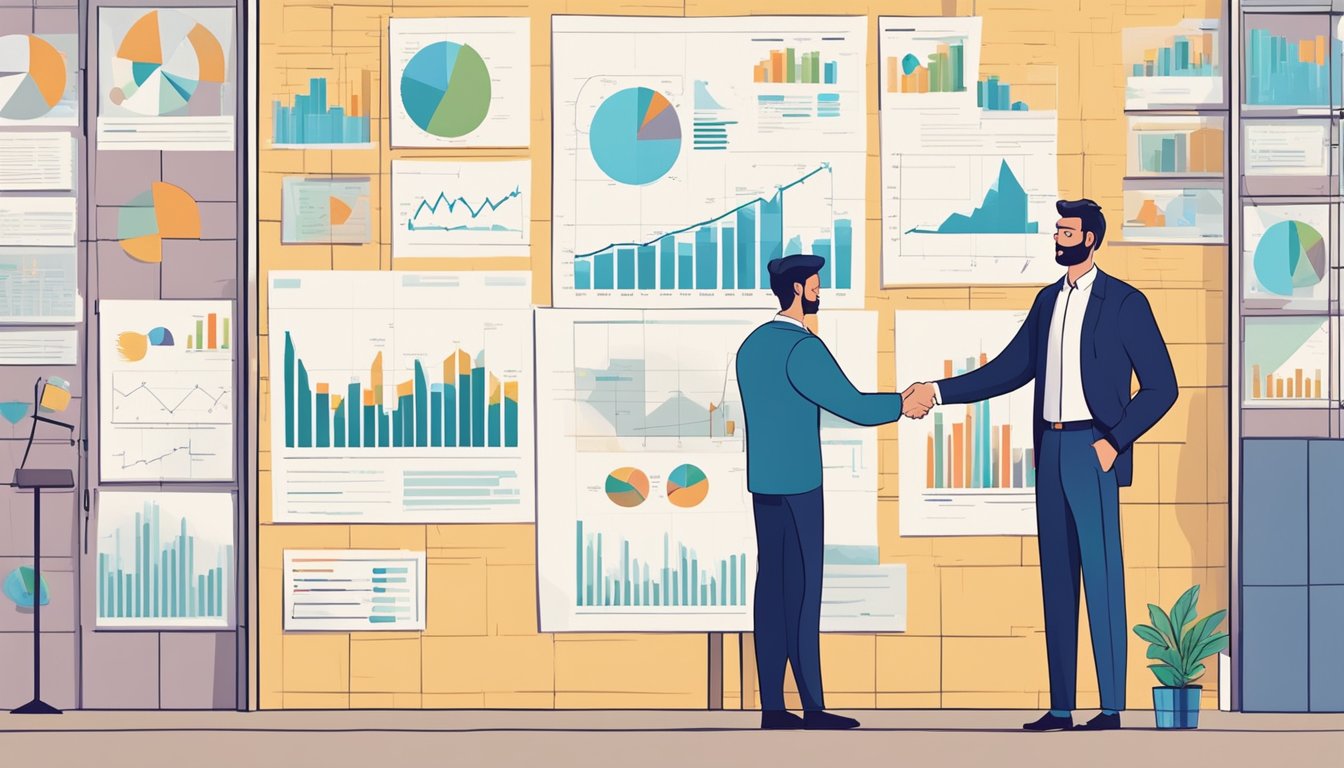 A confident accountant and entrepreneur shake hands in front of a wall adorned with financial charts and business plans