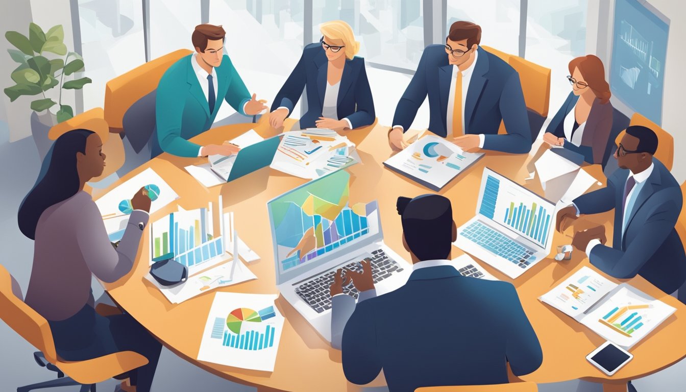 A group of entrepreneurs sit around a table, discussing financial plans and strategies. Charts and graphs are spread out in front of them, as they work together to unlock the key to success