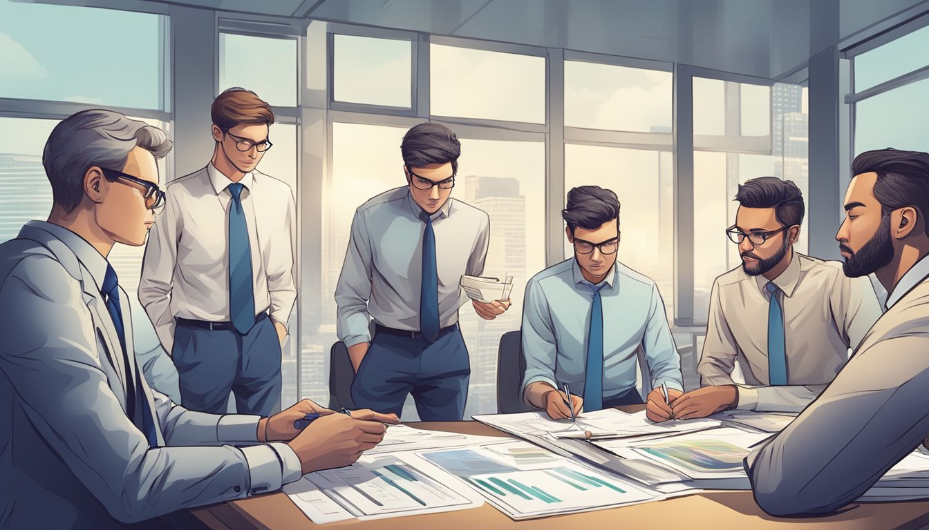 A group of business professionals analyzing financial data, charts, and graphs, with a sense of determination and focus in the air