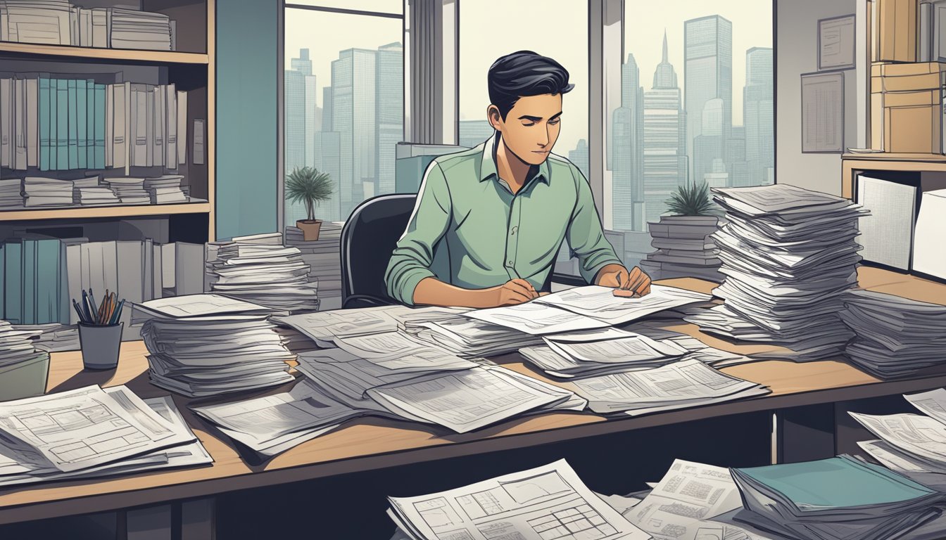 A person sitting at a desk surrounded by financial documents and charts, with a determined expression as they plan for their future