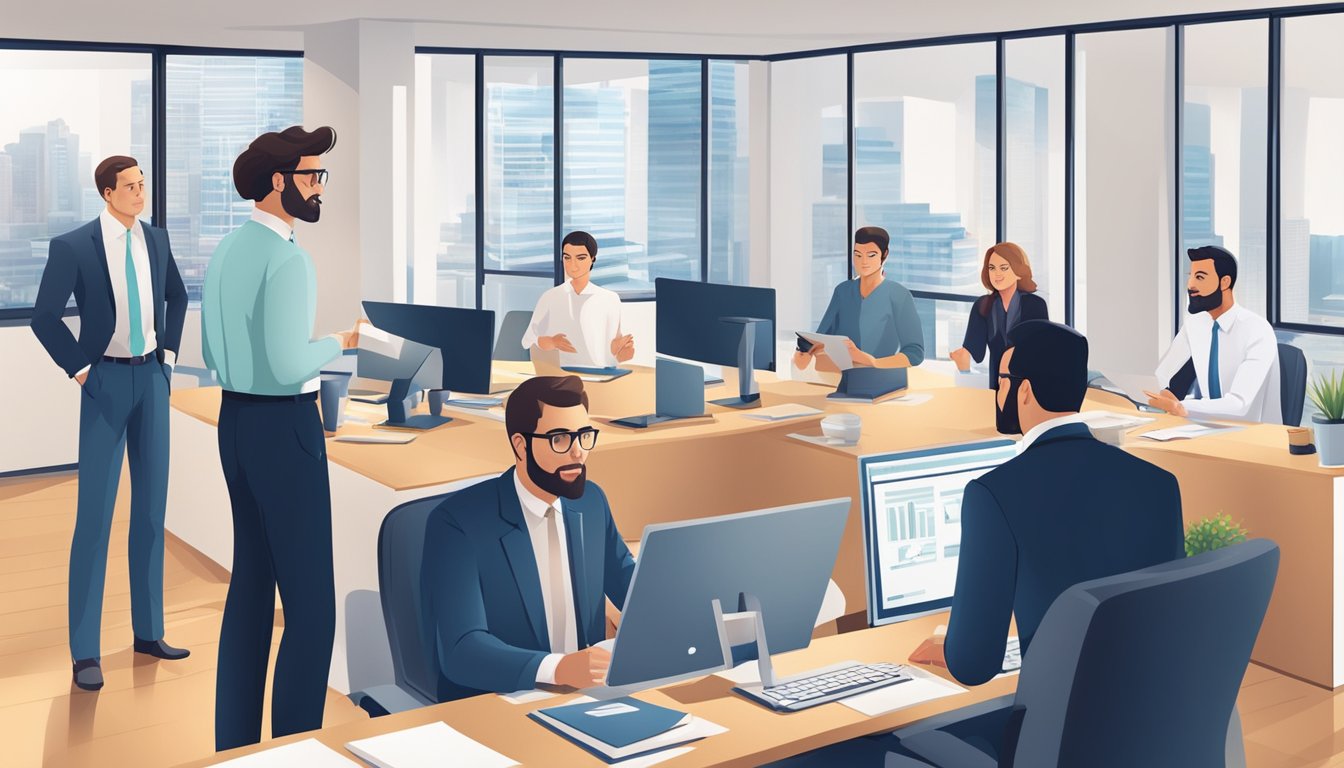 A group of accountants in a modern office, discussing ethical dilemmas and consulting professional standards