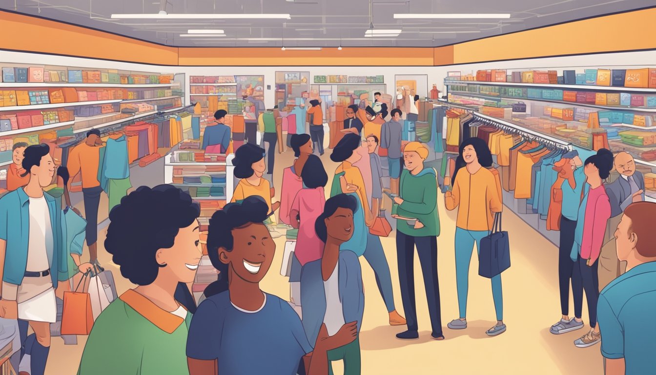 A crowded store with shoppers eagerly grabbing discounted items, smiling and chatting as they take advantage of promotions