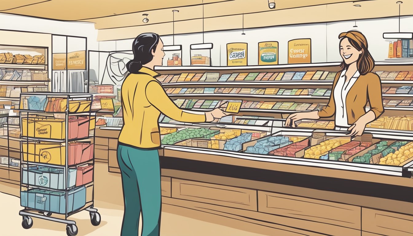 A customer confidently shops, hand clasping a price guarantee sign, while a smiling retail employee assists