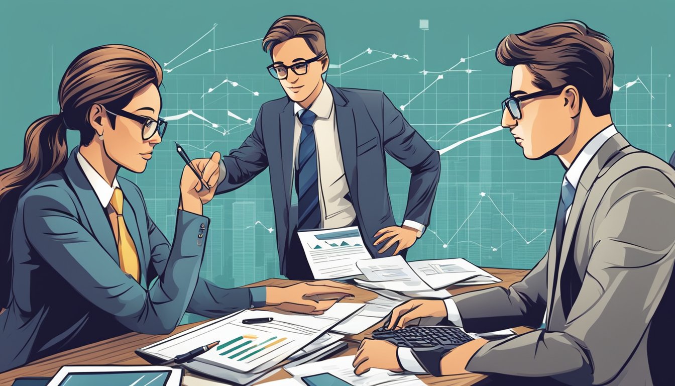 A group of accountants work collaboratively, surrounded by financial reports and charts. They engage in lively discussion, their expertise evident in their confident demeanor