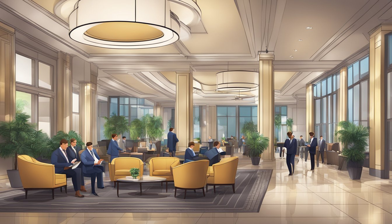 A busy hotel lobby with accountants working alongside management, analyzing financial reports and budgets to ensure stability