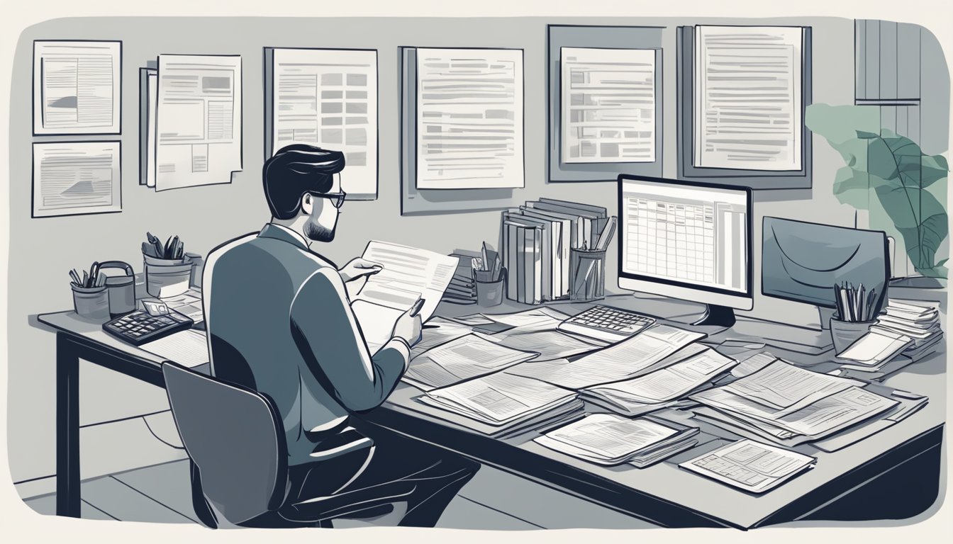 A person sits at a desk, surrounded by financial documents and a calculator. They look determined as they review their budget and savings plan