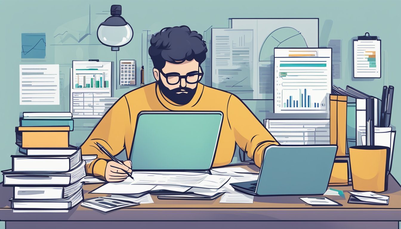 A person sits at a desk, surrounded by financial documents and a laptop. They are focused and determined, with a pen in hand, ready to create a comprehensive financial plan